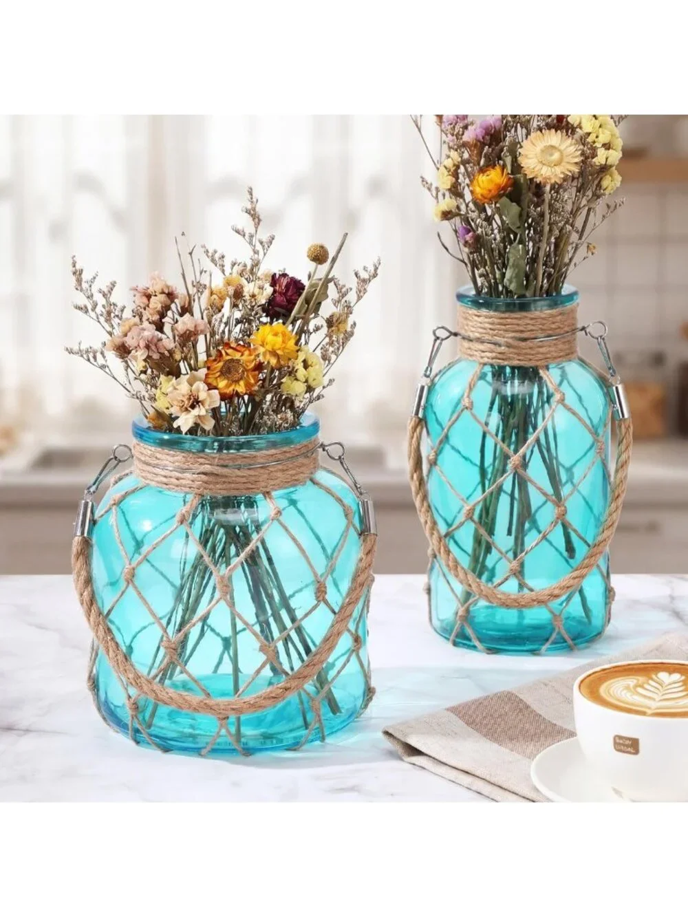 Set of 2 Boho Rope Net Hanging Vases - Rattan & Sea Glass for Beachy Decor